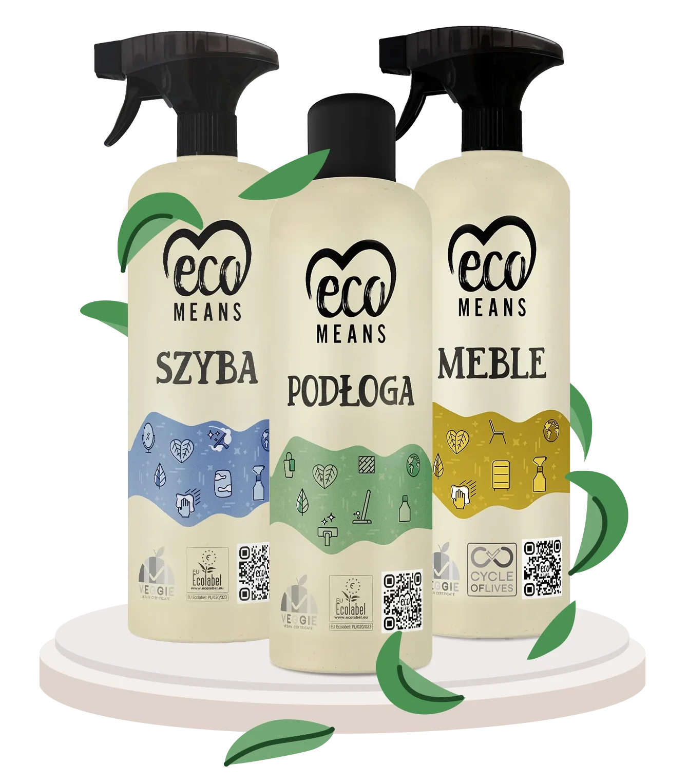 Zestaw ekologicznych środków czystości marki Ecomeans ustawiony na tle domowego wnętrza – prezentacja produktów do mycia mieszkania.