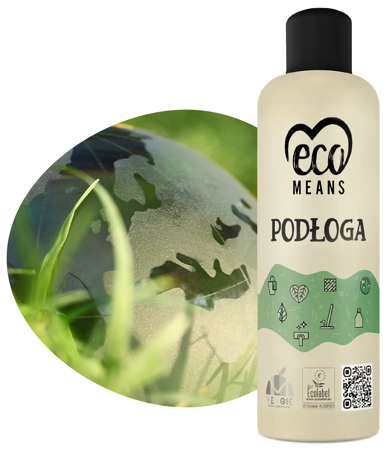 Ziemia leżąca w zielonej trawie symbolizująca troskę o środowisko, obok butelka ekologicznego płynu do mycia podłóg – koncepcja ekologicznego sprzątania i ochrony planety